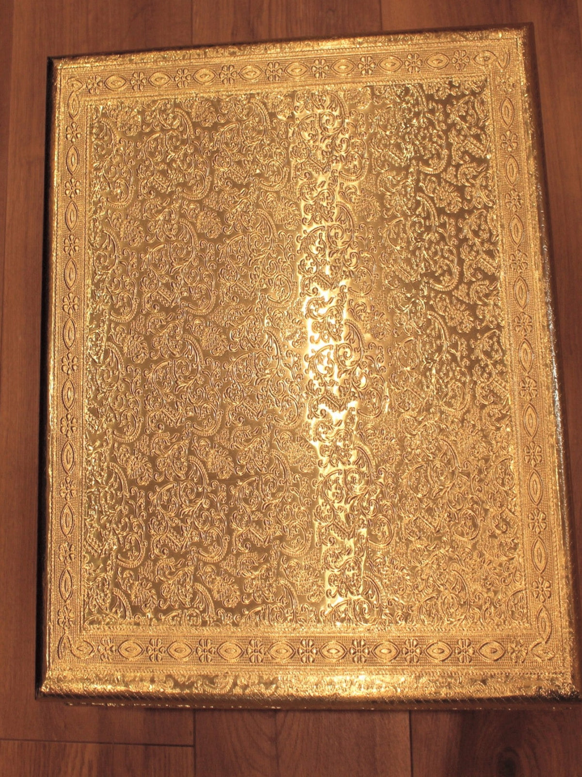 Premium Gold Bajot Pooja Chowki – Embossed Floral, Cylindrical Legs, 16 x 16 inch