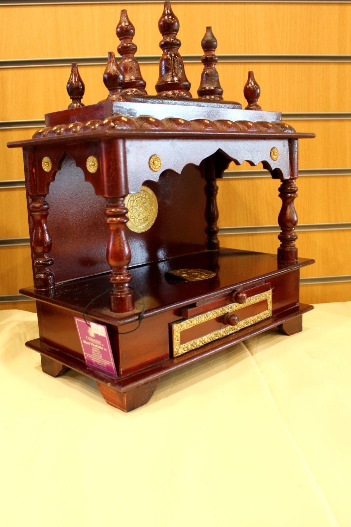 Carved Wooden Mandir 15 x 8 x 19 inch – Rosewood Open Front Home Temple with Drawer