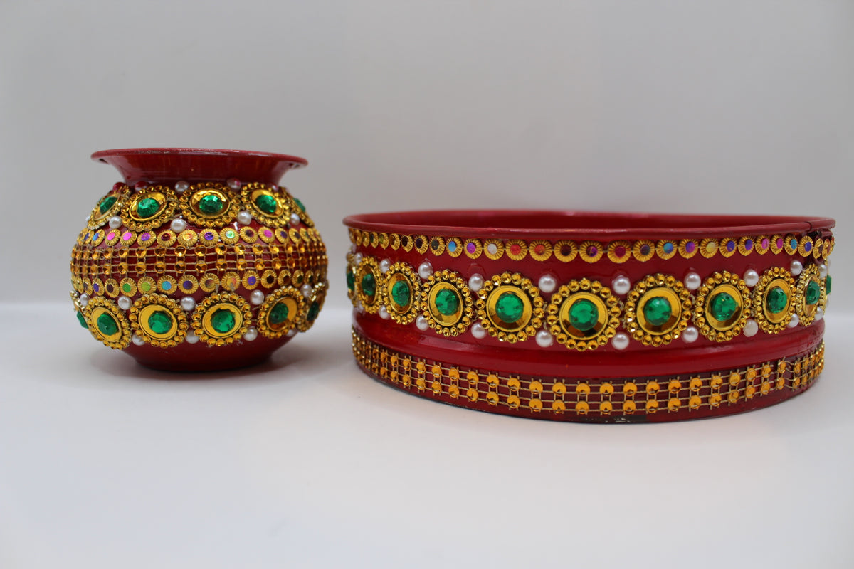 Red Karwa Chauth set with gold and green stones, thali, channi and lota, another view