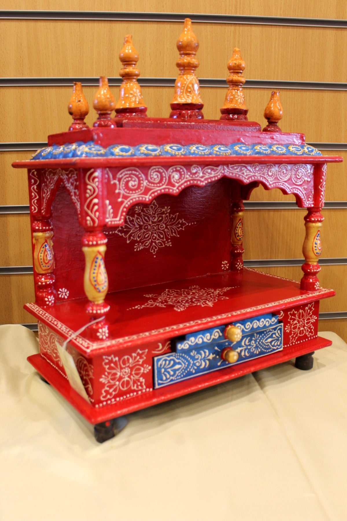 Hand-Painted Mandir 15 x 8 x 19 inch – Red Jaipuri Home Temple with Drawer