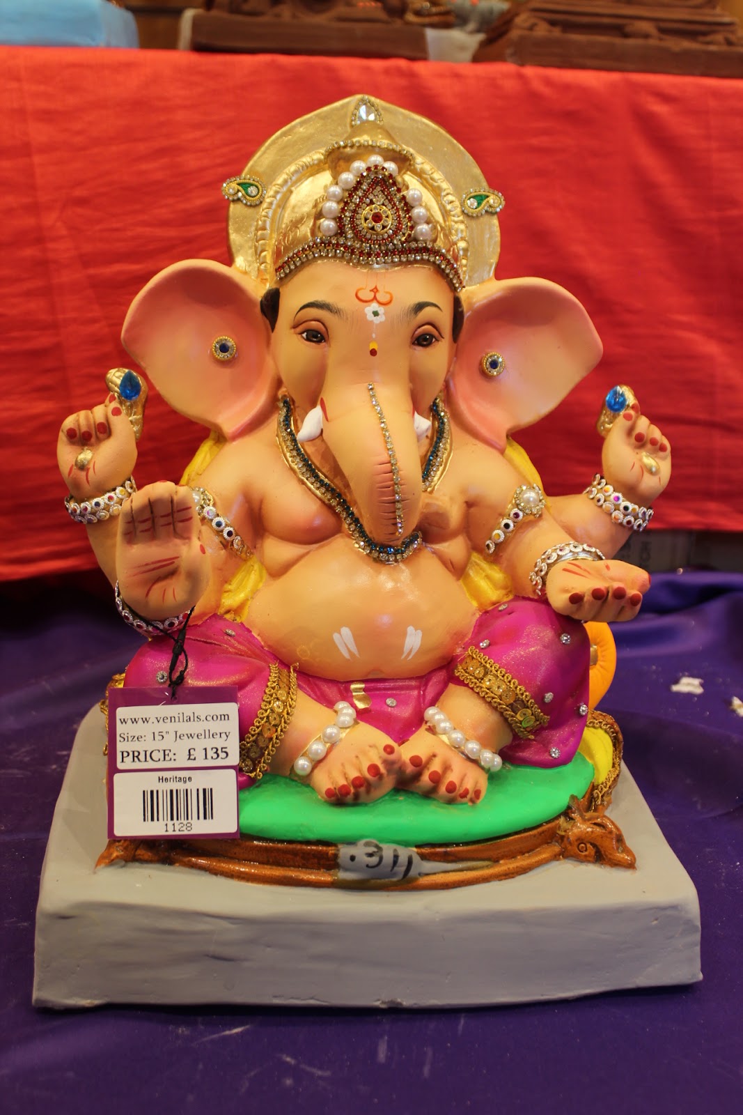 Eco-Friendly Ganesh Visarjan idol, Jewellery Style Magenta & Gold, front view 2