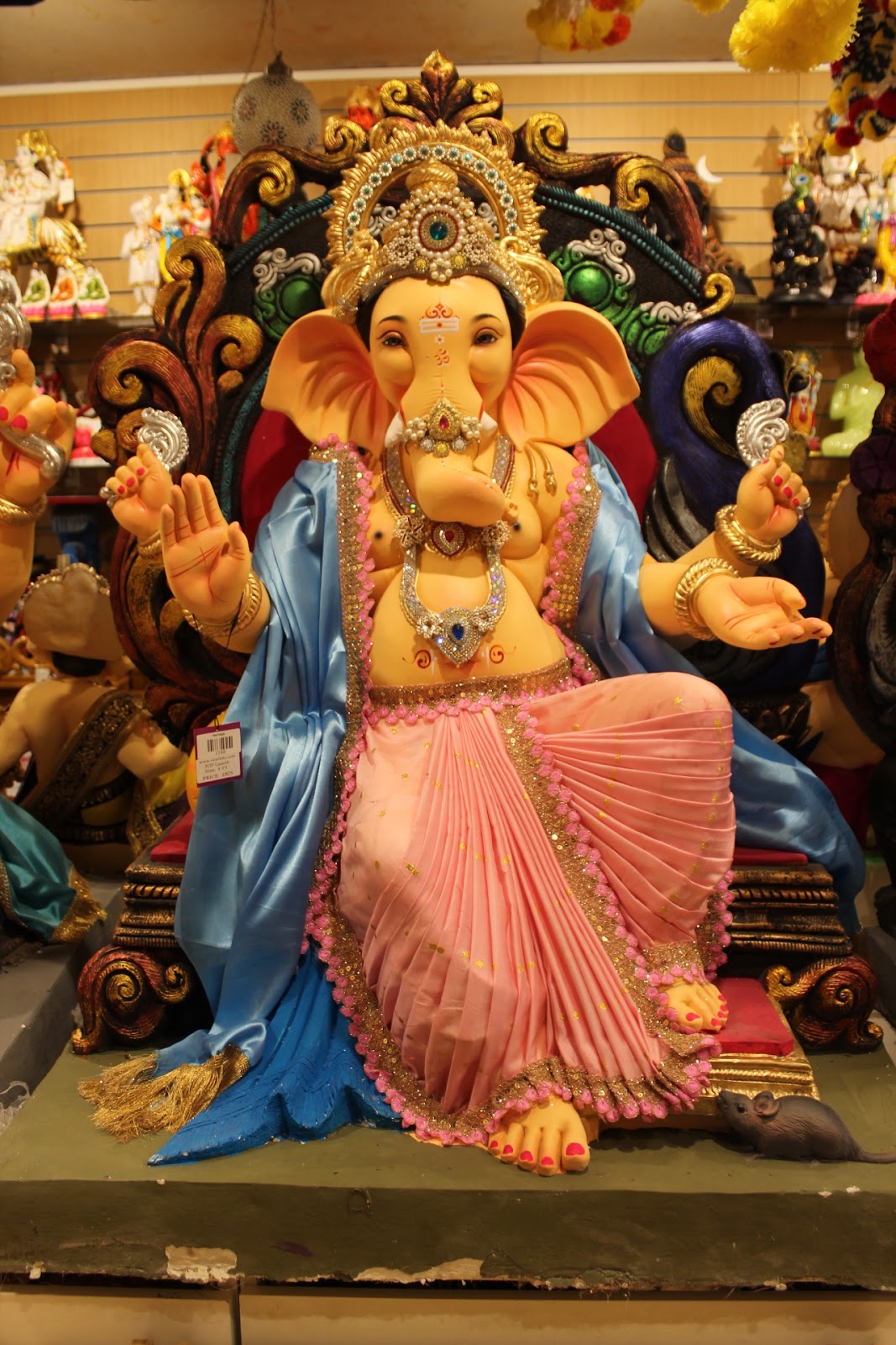 POP Ganesh Visarjan Idol – Powder Blue & Blush Pink on Carved Throne, ~4ft
