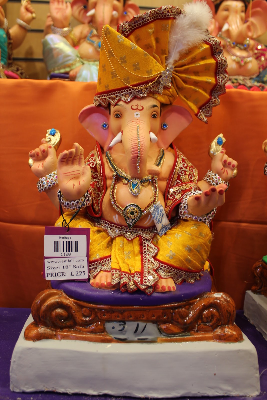 Eco-Friendly Ganesh Visarjan idol, Full Safa Set Golden Mustard & Maroon, front view 2