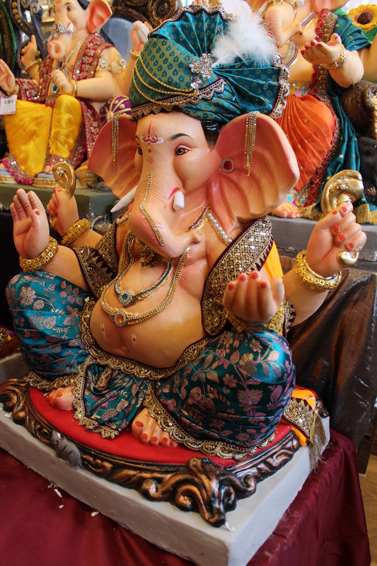 Eco-Friendly Ganesh Visarjan Idol - Teal Safa & Maroon Sequin Jacket, ~30 inch - side