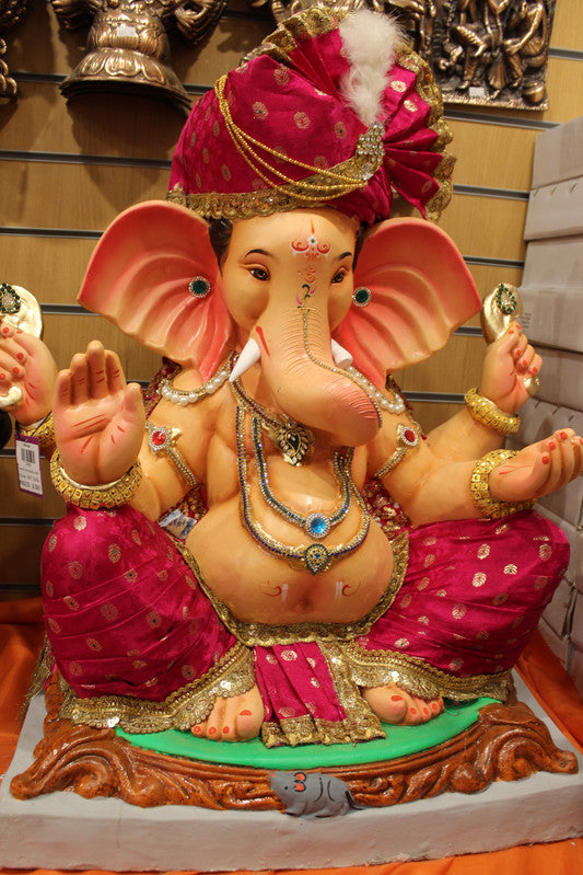Eco-Friendly Ganesh Idol - Maroon-Pink Safa, full figure