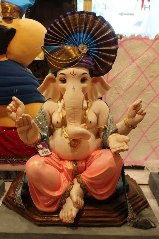 POP Ganesh Visarjan Idol Peacock Fan Pagdi Coral and Silver 3ft - with price tag