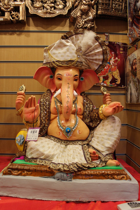 Eco-Friendly Ganesh Idol - Ivory Safa & Maroon Shawl, full figure
