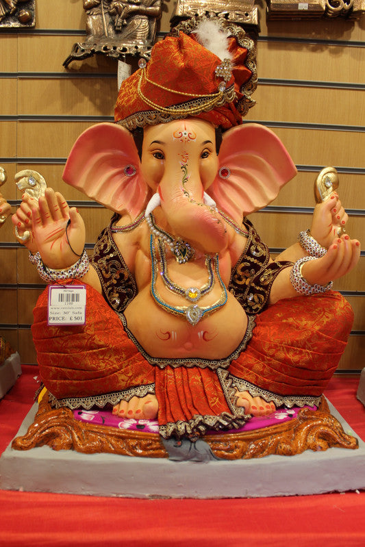 Eco-Friendly Ganesh Idol - Orange Safa & Pink Cushion, full figure