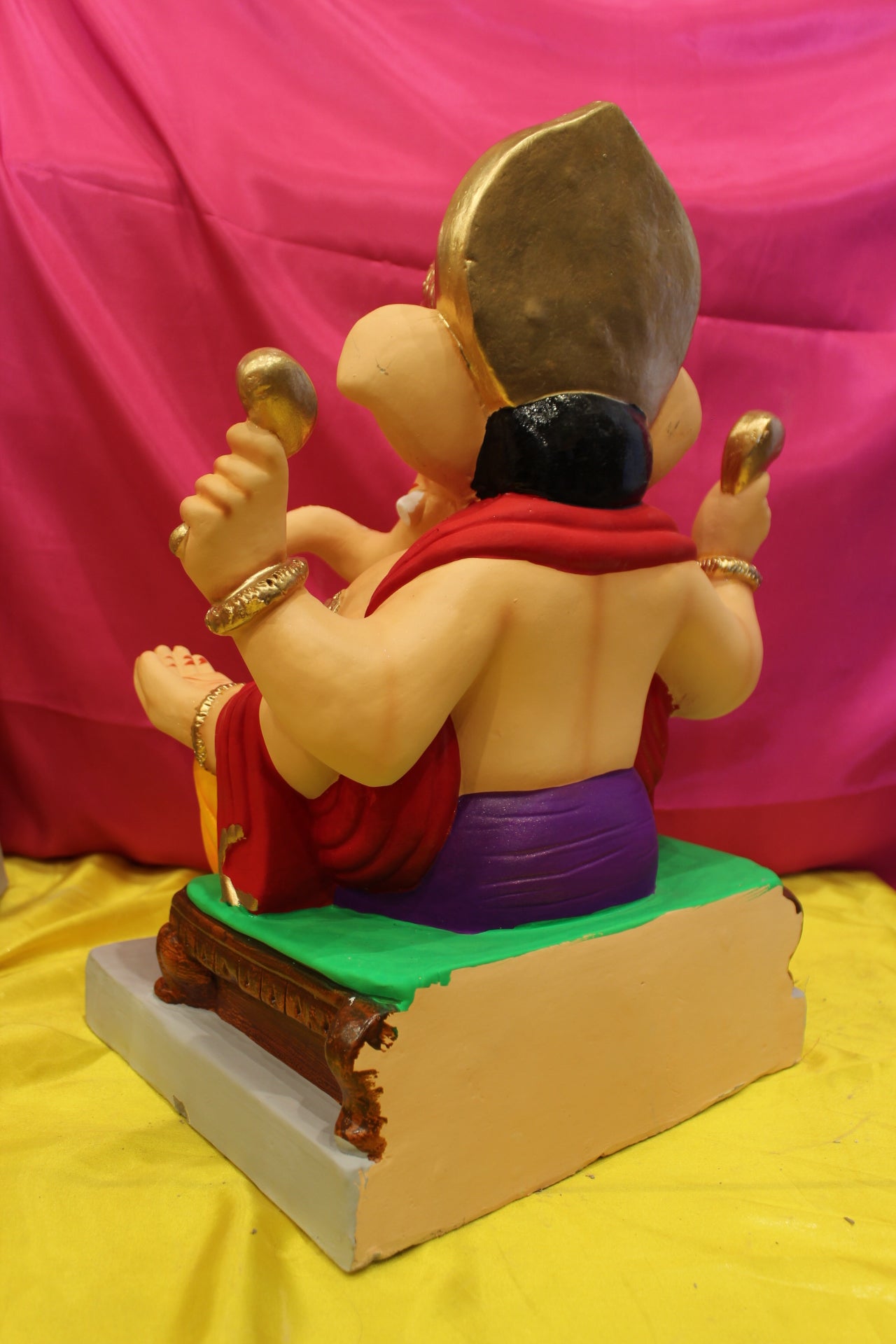 Eco-Friendly Ganesh Visarjan Idol – Marigold Dhoti & Purple Khes, ~18 inch
