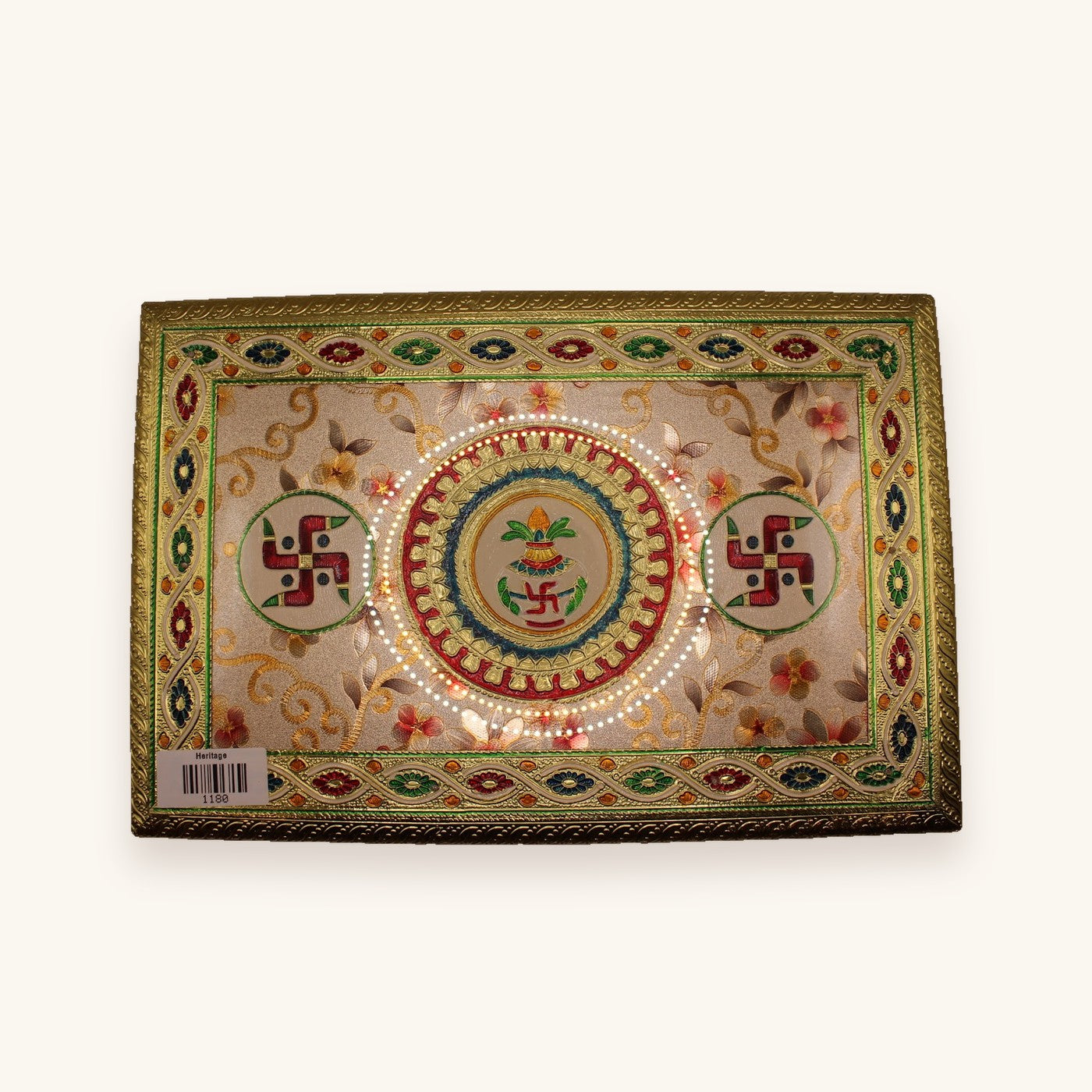 Rectangular floral meenakari chowki 12 x 15 inch, top-down view