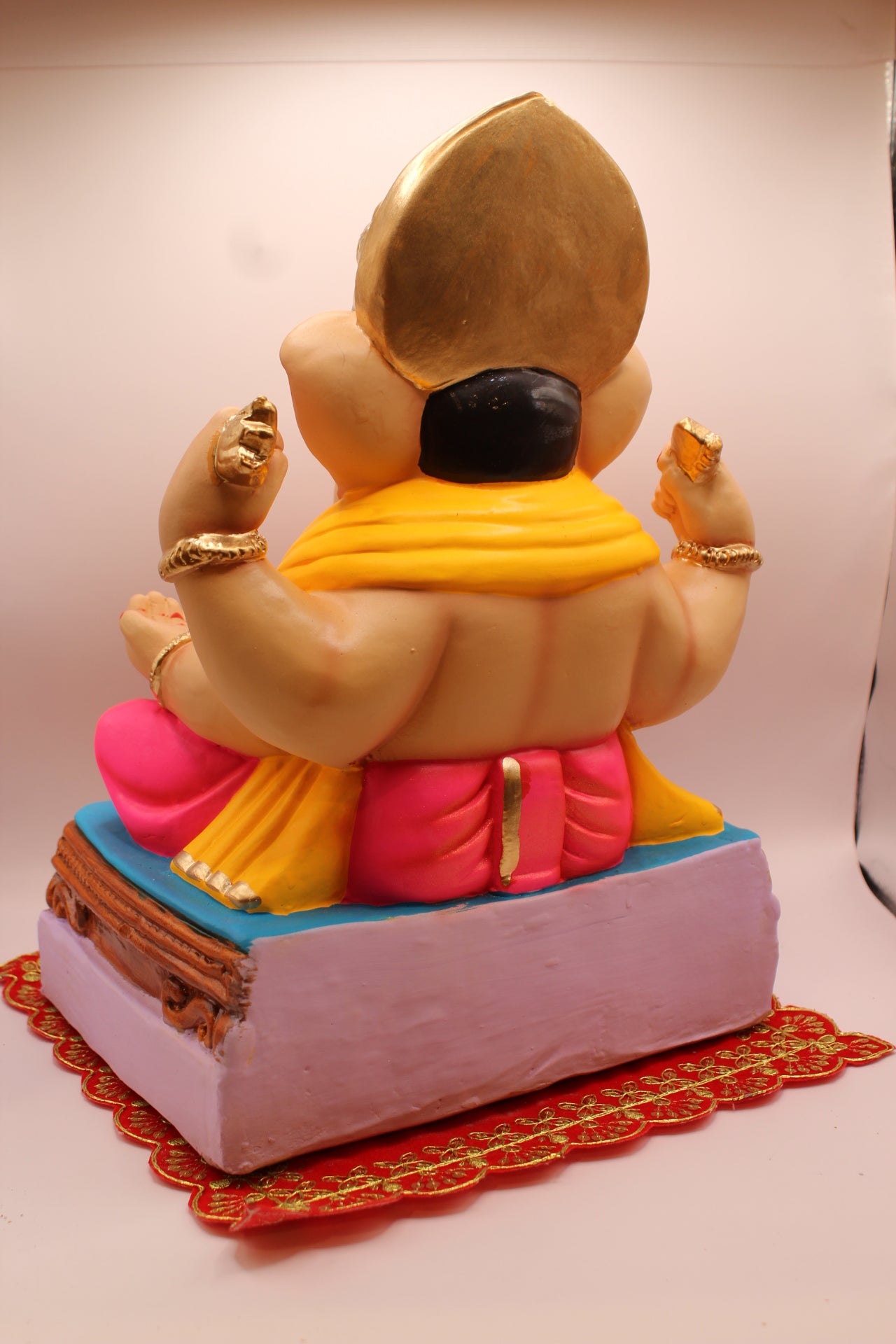 Eco-Friendly Ganesh Visarjan idol, Saffron Khes & Pink Dhoti, Turquoise Seat, back view