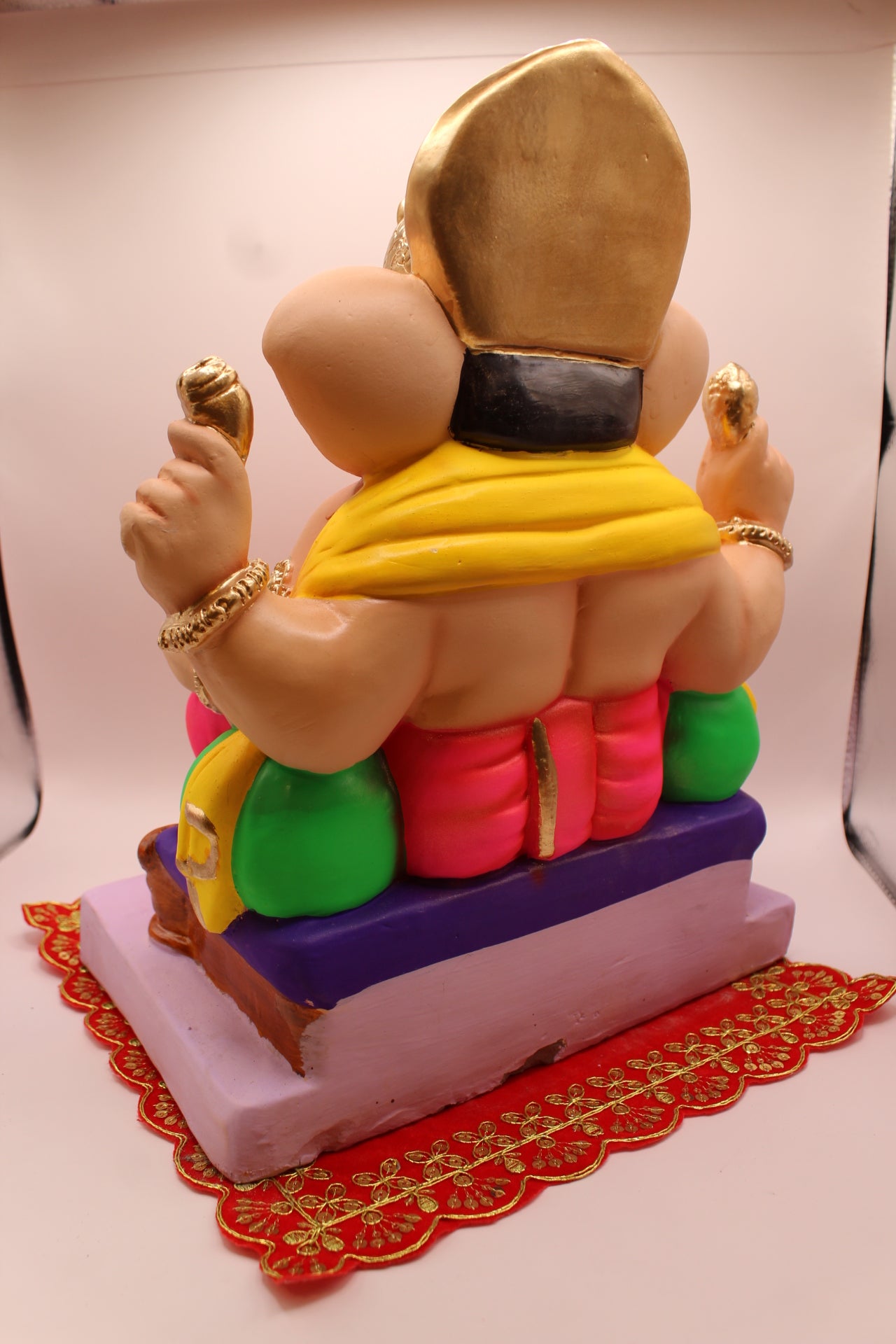 Eco-Friendly Ganesh Visarjan idol, Yellow Khes & Pink Dhoti, Purple Gadi & Twin Bolsters, back view