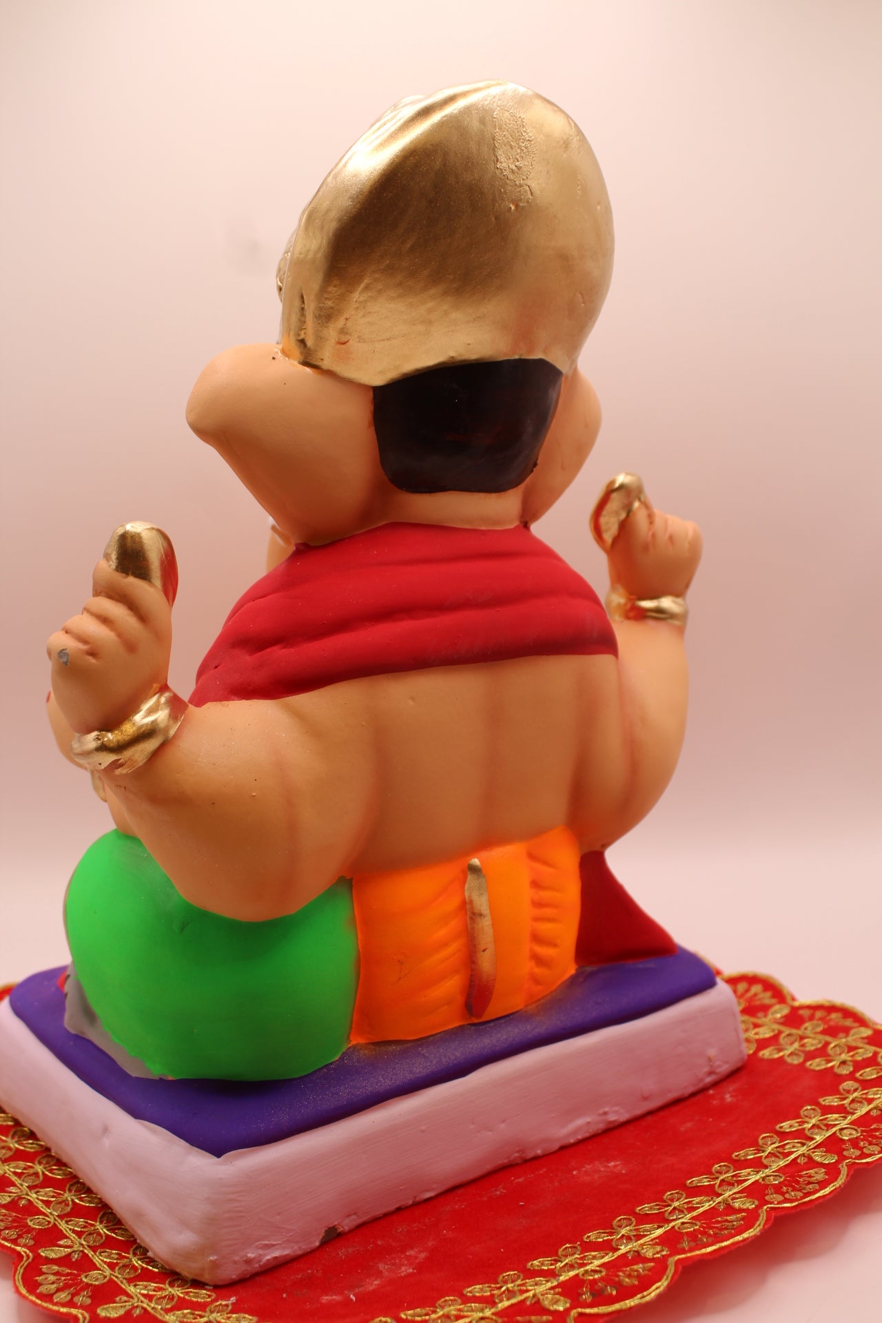 Eco-Friendly Ganesh Visarjan idol, Crimson Khes & Orange Dhoti, Gold Ear Medallions, back view