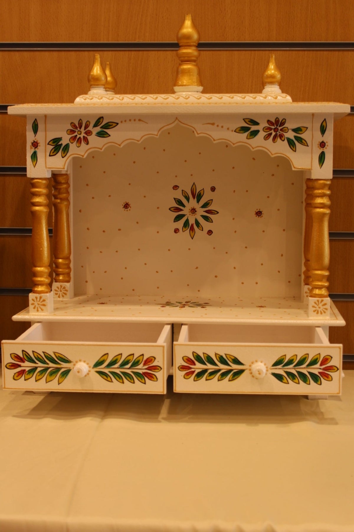Open Front Jaipuri Mandir in white & green leaf art, drawers open