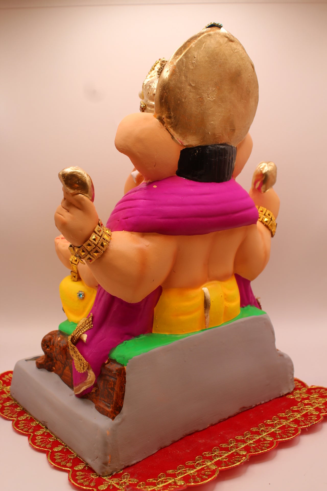 Eco-Friendly Ganesh Visarjan idol, Jewellery Style Magenta Khes & Yellow Dhoti, back view