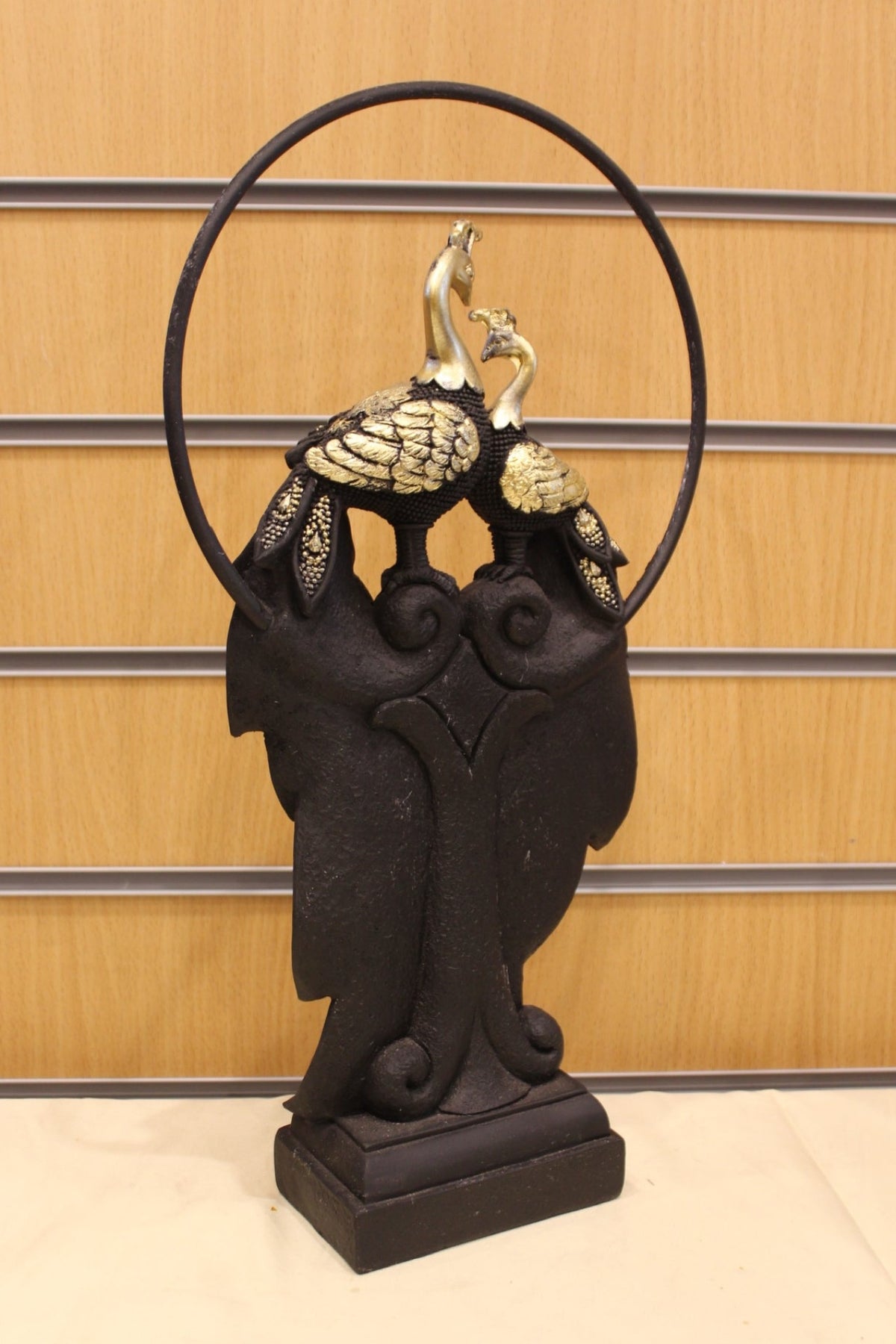 Jewelled Peacock Sculpture with Ring – Black & Gold, 16 inch – back view