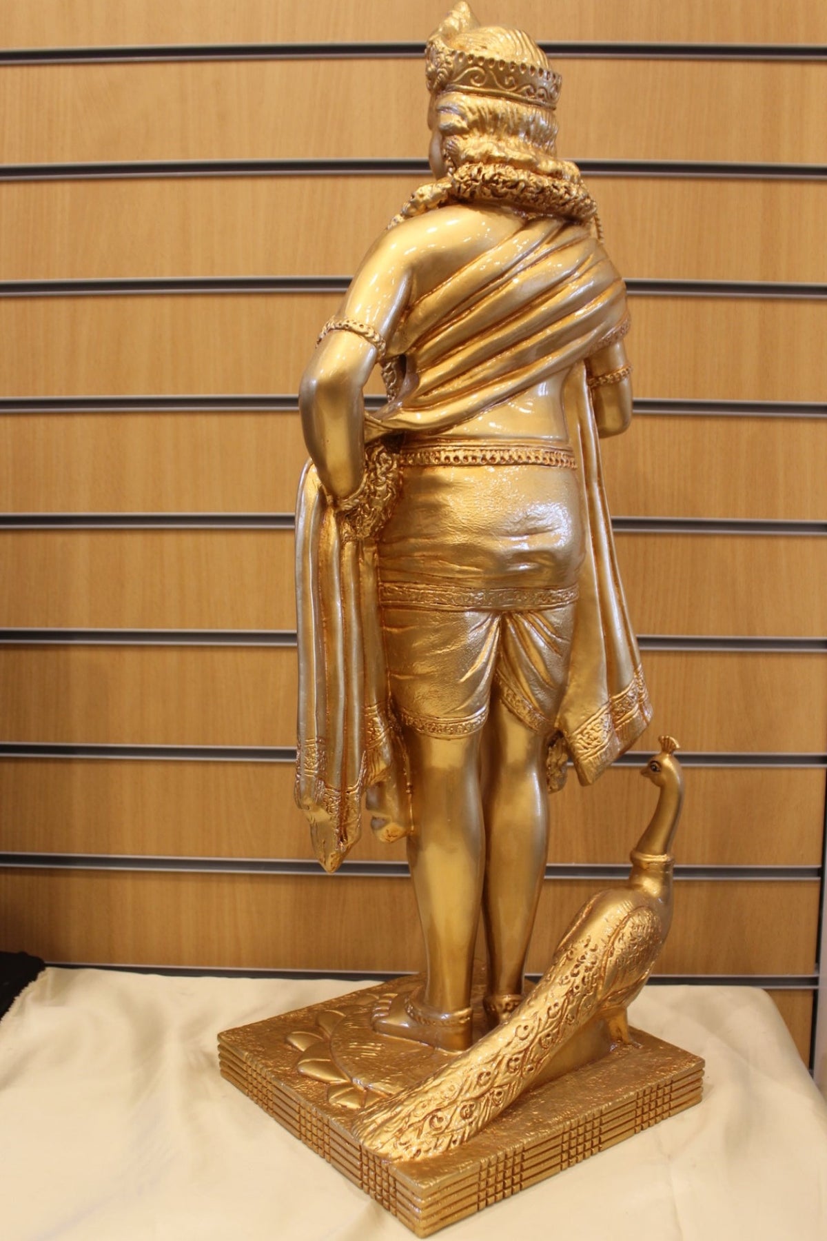 Resin Murugan Statue – Standing with Vel and Peacock, Gold, 29 inch – back view