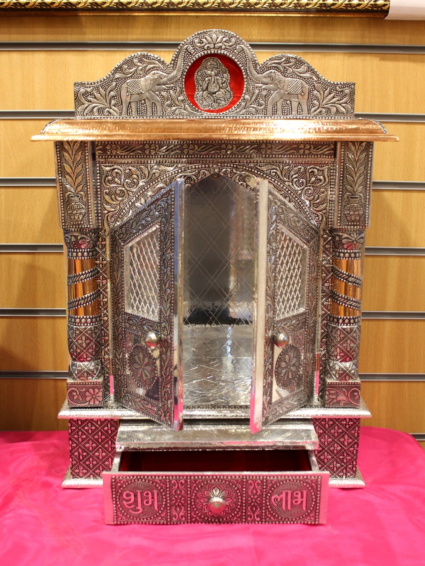 Oxidised silver mandir 15 x 9 inch with doors open and Shubh Labh drawer pulled out