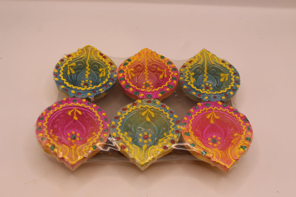 Painted Clay Diyas – Pink, Green & Yellow, Pack of 6, 2 inch