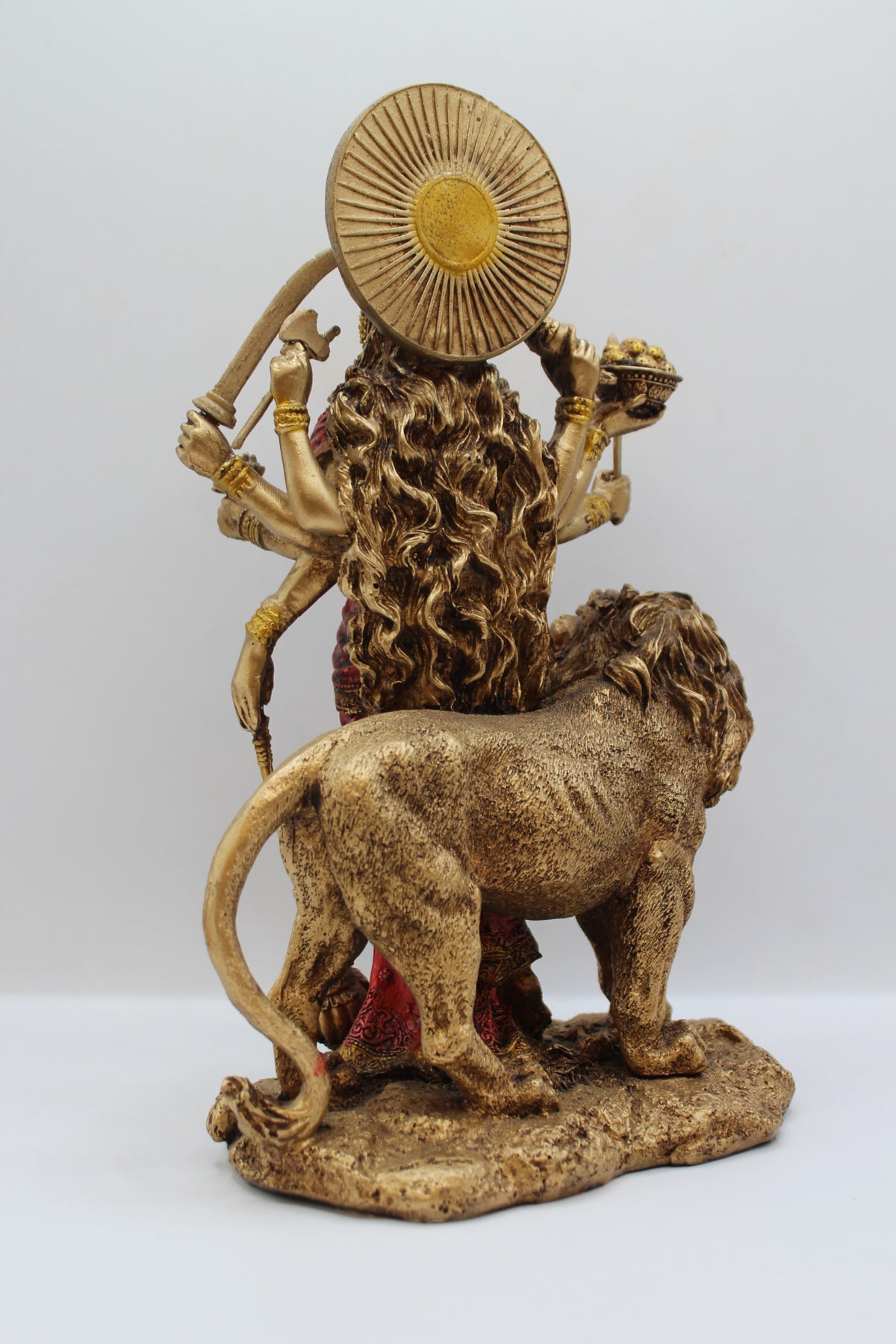 Resin Durga Maa statue, standing with lion, antique bronze, back view