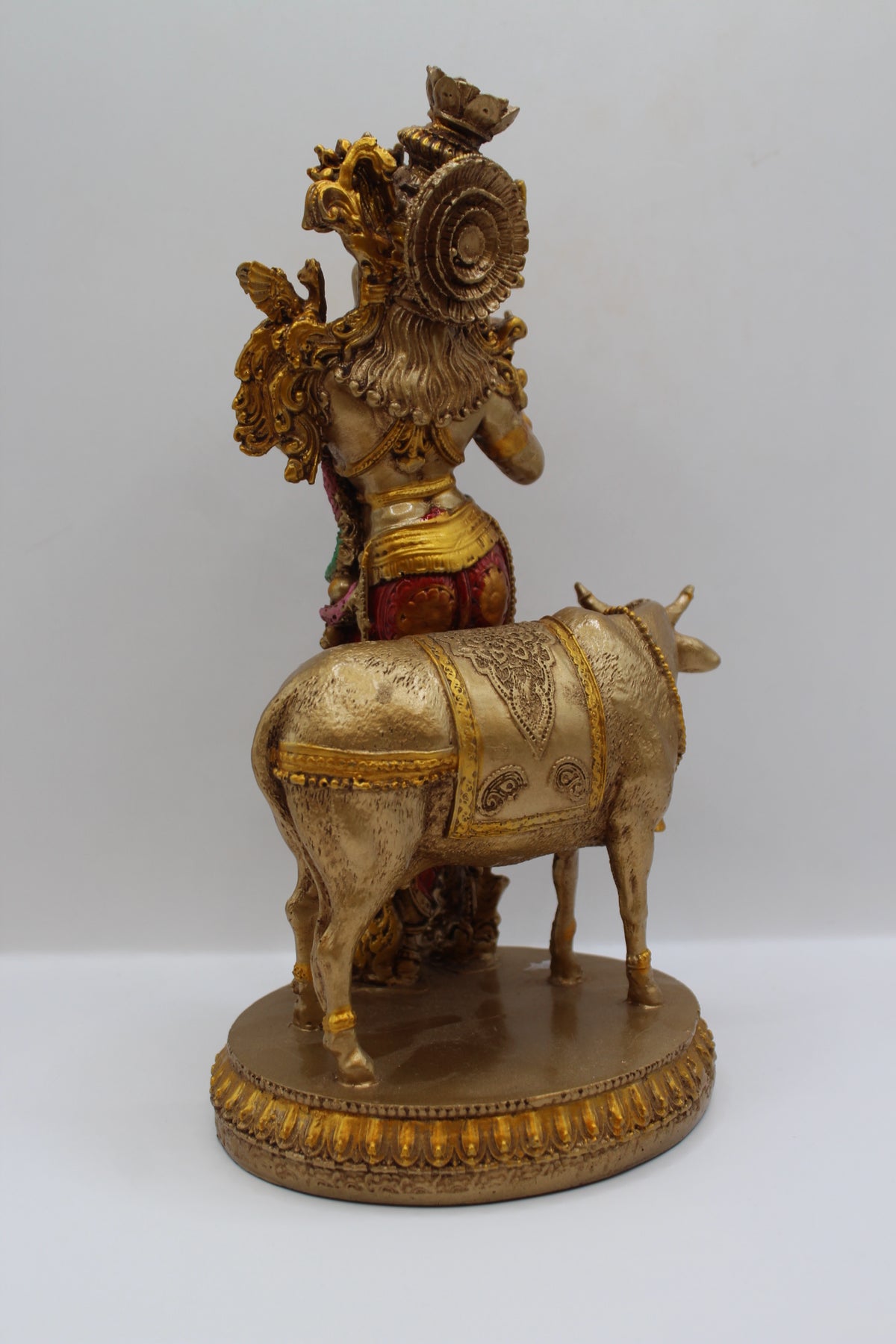 Resin Krishna with Cow statue, antique bronze finish, back view