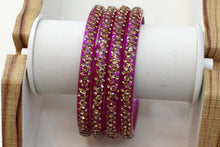 Load image into Gallery viewer, Glass Bangles Set of 4 - Golden Stone Decorated Bollywood Traditional Beautiful Bangle Set for Women Girl Wedding Special