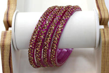 Load image into Gallery viewer, Glass Bangles Set of 4 - Golden Stone Decorated Bollywood Traditional Beautiful Bangle Set for Women Girl Wedding Special
