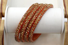 Load image into Gallery viewer, Glass Bangles Set of 4 - Golden Stone Decorated Bollywood Traditional Beautiful Bangle Set for Women Girl Wedding Special
