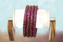 Load image into Gallery viewer, Glass Bangles Set of 4 - Golden Stone Decorated Bollywood Traditional Beautiful Bangle Set for Women Girl Wedding Special