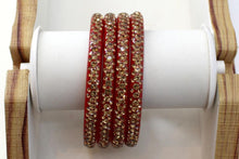 Load image into Gallery viewer, Glass Bangles Set of 4 - Golden Stone Decorated Bollywood Traditional Beautiful Bangle Set for Women Girl Wedding Special
