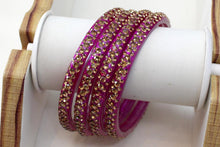 Load image into Gallery viewer, Glass Bangles Set of 4 - Golden Stone Decorated Bollywood Traditional Beautiful Bangle Set for Women Girl Wedding Special
