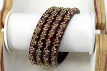 Load image into Gallery viewer, Glass Bangles Set of 4 - Golden Stone Studded Bollywood Traditional Beautiful Bangle Set for Women Girl Wedding Favour