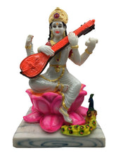 Load image into Gallery viewer, SARASWATI MURTI Hindu Goddess Statue. Saraswati mata godess of knowledge carved Brass statue White