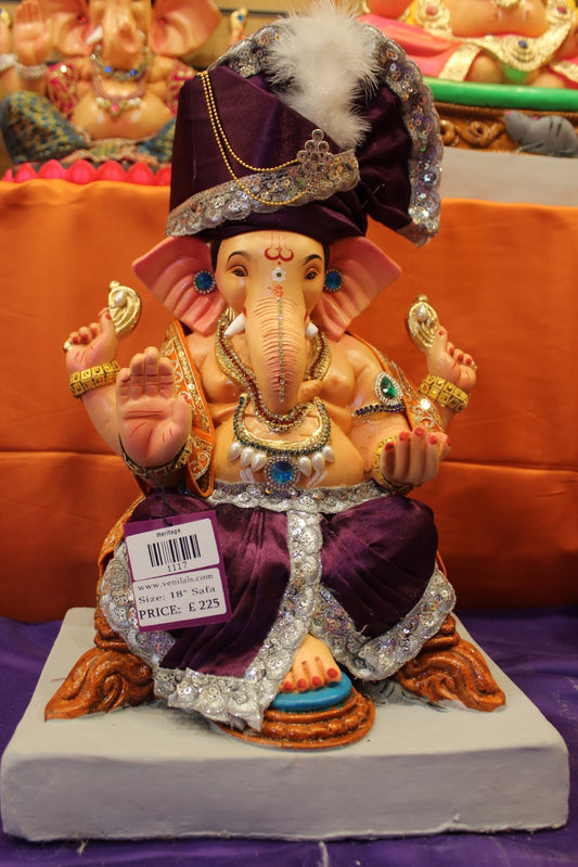 Eco-Friendly Ganesh Visarjan idol, Full Safa Set Purple & Silver, front view