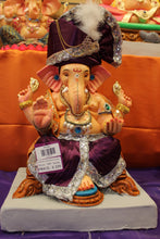 Load image into Gallery viewer, Eco-Friendly Ganesh Visarjan idol, Full Safa Set Purple &amp; Silver, front view
