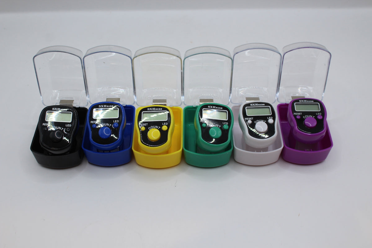 Digital finger counters in black, blue, yellow, green, white and purple
