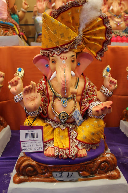 Eco-Friendly Ganesh Visarjan idol, Full Safa Set Golden Mustard & Maroon, front view