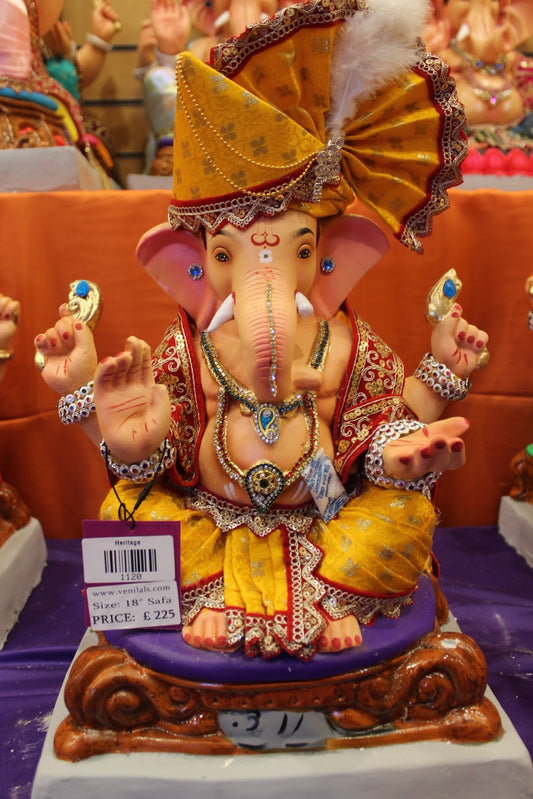 Eco-Friendly Ganesh Visarjan idol, Full Safa Set Golden Mustard & Maroon, front view