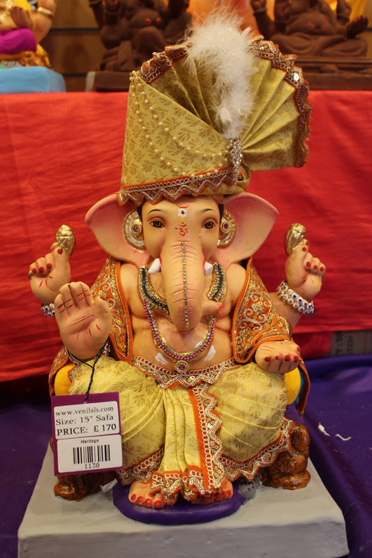 Eco-Friendly Ganesh Visarjan idol, Full Safa Set Golden Mustard & Navy, front view
