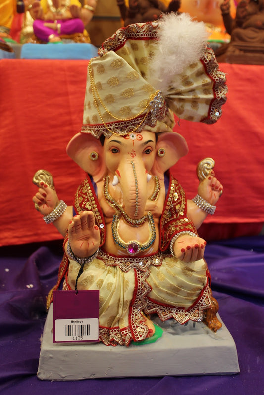 Eco-Friendly Ganesh Visarjan idol, Full Safa Set Ivory & Red, front view