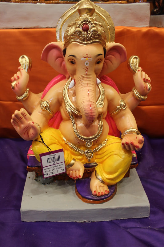 Eco-Friendly Ganesh Visarjan idol, Yellow & Pink Maroon Gem Crown, front view
