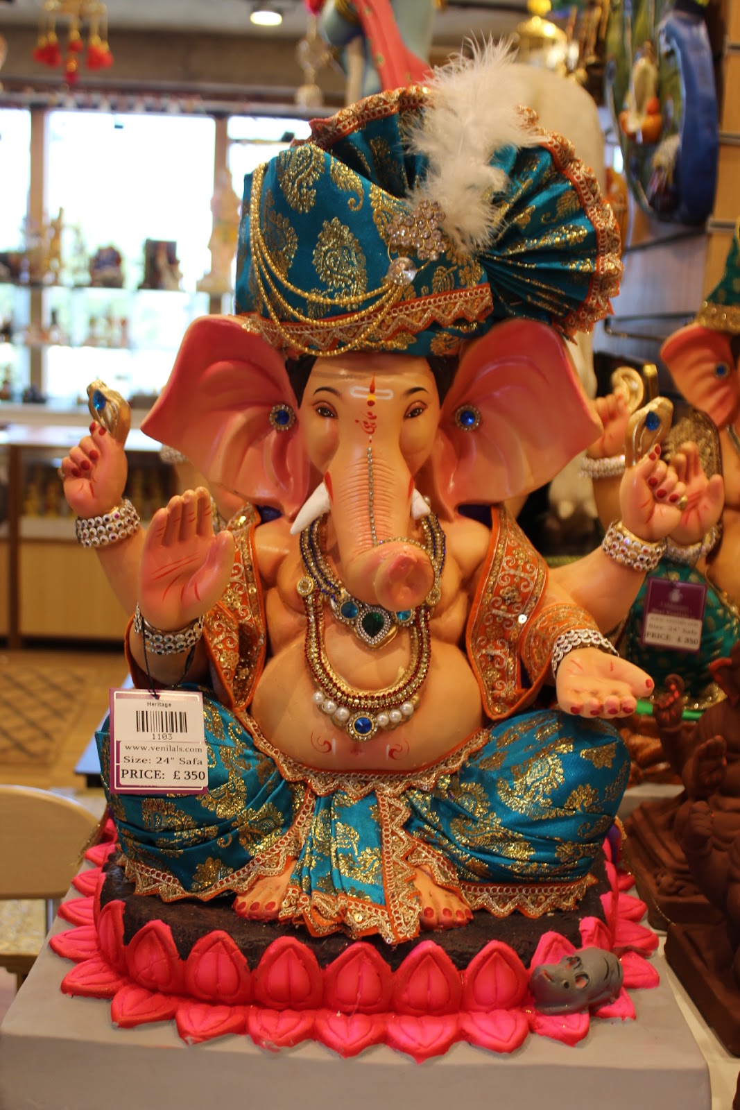 Eco-Friendly Ganesh Visarjan idol, Teal & Gold, front view 2