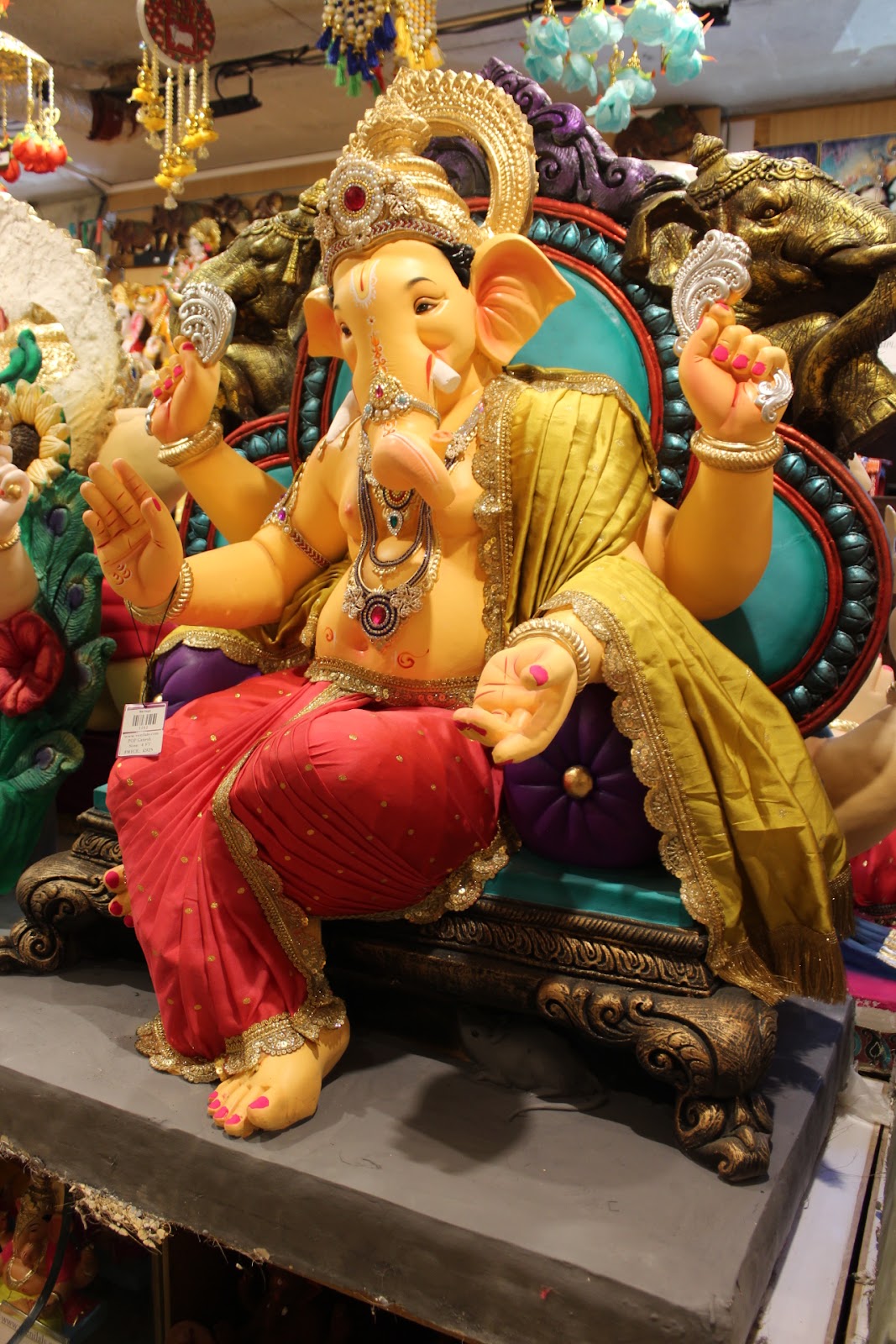 POP Ganesh Visarjan Idol – Red & Gold Sequin Dhoti on Teal Carved Throne, ~4ft