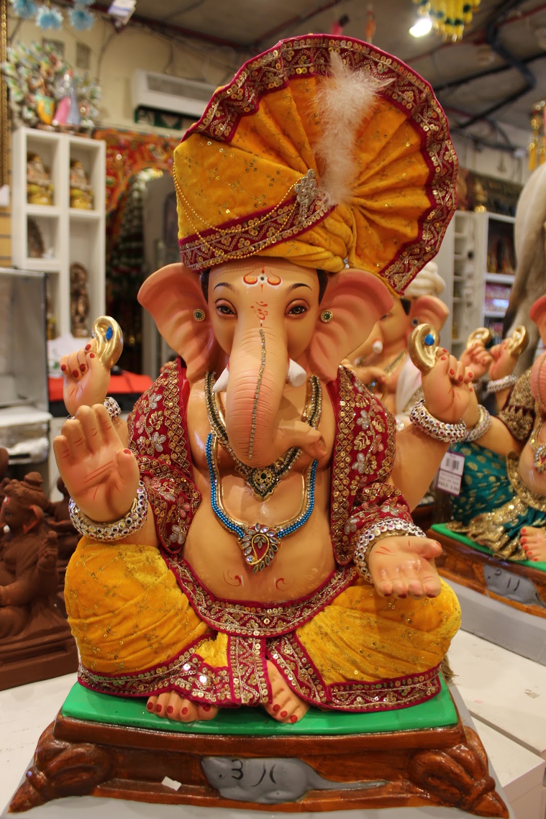 Eco-Friendly Ganesh Visarjan idol, Mustard & Maroon, front view