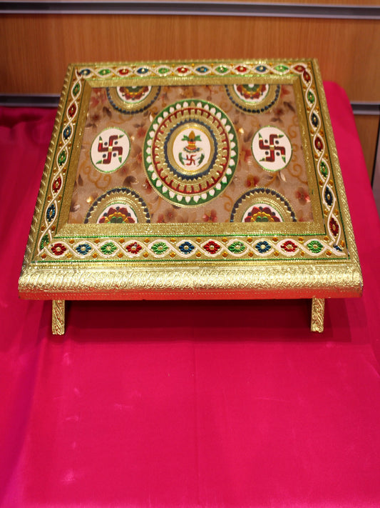 Meenakari Pooja Chowki – Swastik & Lotus Mandala Under Glass, 18 x 12 inch