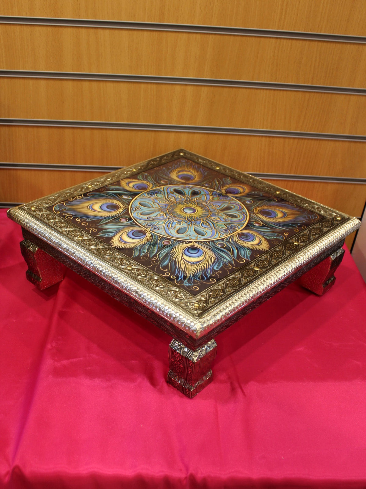 Printed Bajot Pooja Chowki – Peacock Feather Mandala, 15 x 15 inch