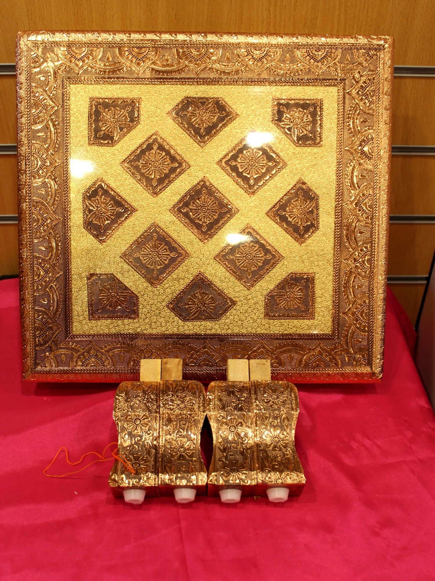 Copper Oxidised Bajot Pooja Chowki – Diamond Lattice, 15 x 15 inch