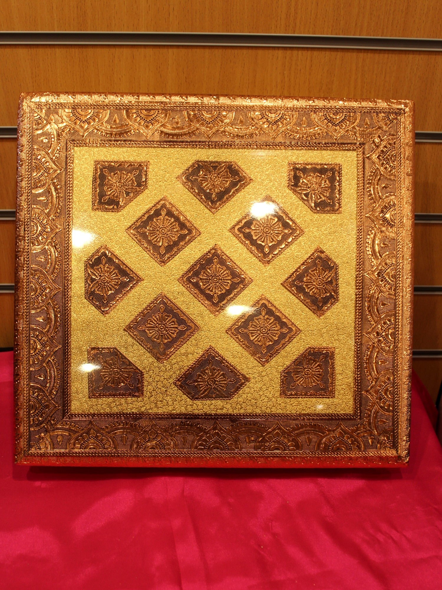 Copper Oxidised Bajot Pooja Chowki – Diamond Lattice, 15 x 15 inch
