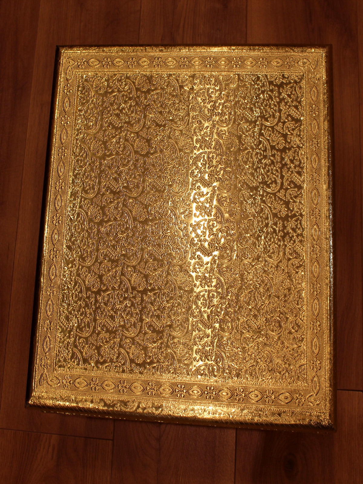 Premium Gold Bajot Pooja Chowki – Embossed Floral, Cylindrical Legs, 16 x 16 inch