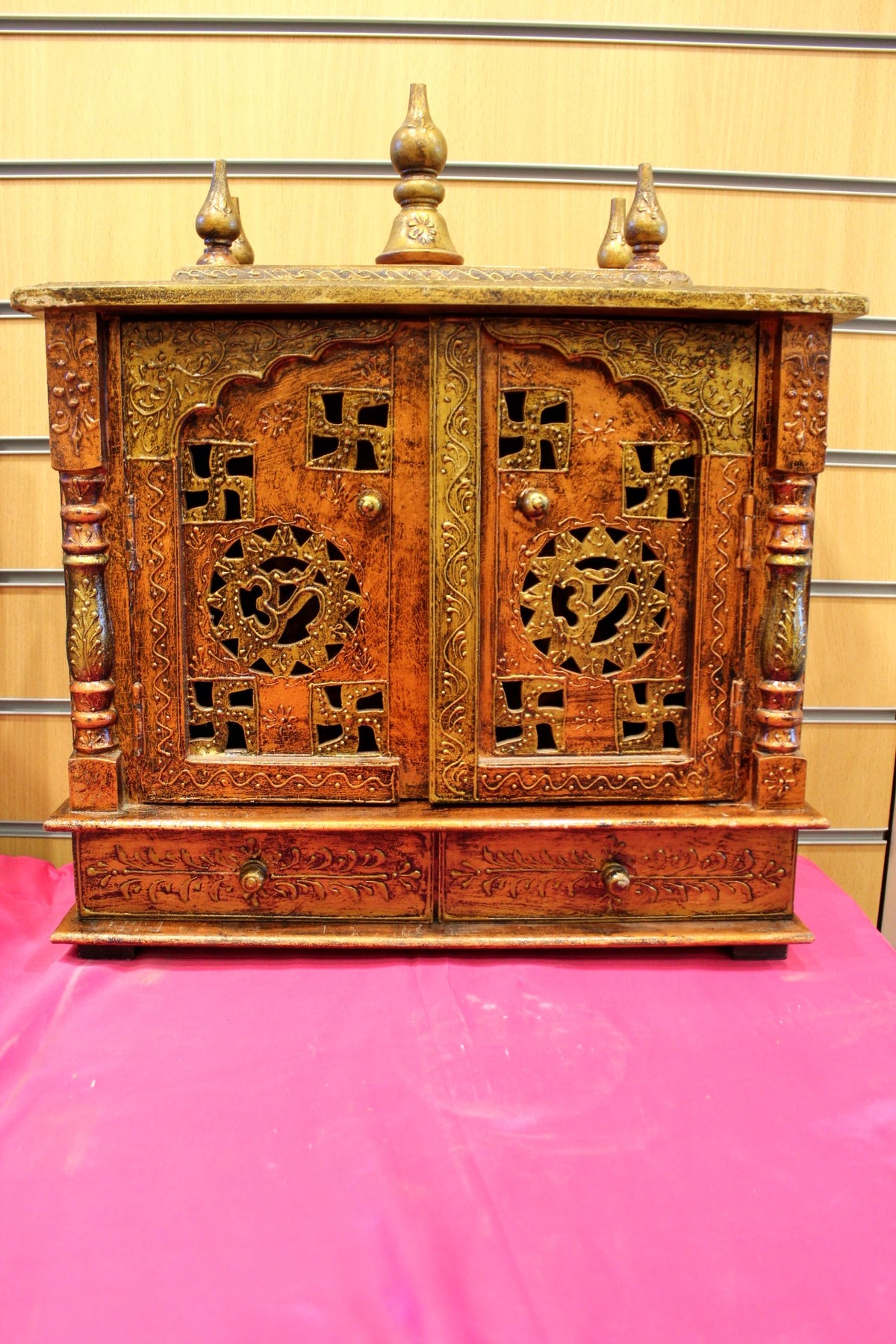 Antique carved Jaipuri wooden mandir with jali doors, front view
